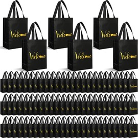 Sweetude 100 Pcs Welcome Bags Bulk, 10 x 8 x 4 Inch Non Woven Welcome Guest Gift Bags with Handle Reusable Reinforced Bottom for Wedding Birthday Party(Black, Gold)