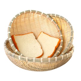 Cedilis 3 Pack Bamboo Basket Tray, Wicker Bread Basket, 100% Natural Handmade Woven Fruit Basket, U Shape Holder Flat Shallow Vegetables Serving Basket, Stackable, 10Inch, 11Inch, 12Inch