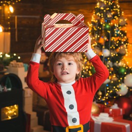 Cholemy 50 Pcs Christmas Treat Boxes with Handle Red and White Candy Cane Design Boxes Christmas Cookie Candy Boxes Xmas Party Paper Gift Wrap Boxes for Holidays Party Supplies(50 Pcs)