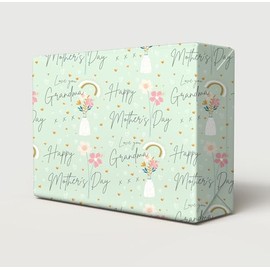 2 Sheets Mother's Day Green Flower Vase Love You Grandma Design Wrapping Paper White And Gold Hearts Granny Gift Wrap (PA)