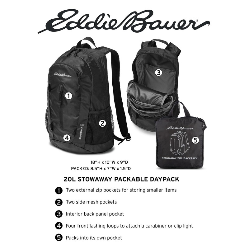 Eddie Bauer Stowaway Packable Backpack-Made from Ripstop Polyester, Dark Smoke,