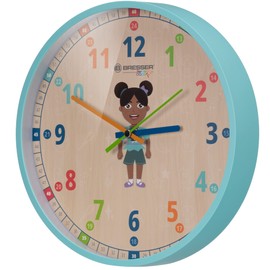 Bresser Junior Children's Wall Clock - Silent - with Flora, Luna or Lukas Family on the Colourful 25 cm Dial, Blue