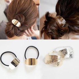 2Pcs Metal Hair Ties Ponytail Hair Cuff Ponytail Holder Hair Rope Minimalist Dainty Leaf Glossy Surface Ellipse Hair Accessories Decorative Hair Tie Gold Hair Ties Women Girls Gift Hair Accessories