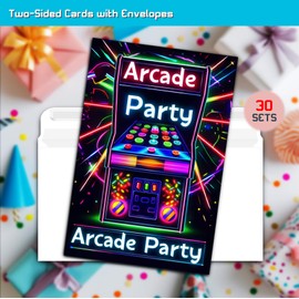 XIAOPNN Arcade Games Birthday Party Invitation for Boys, Neon Arcade Party, 30 Cards With 30 Envelopes, 5x7 Inches.