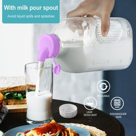2 Pack 64 Oz Heavy Duty Glass Milk Bottle with 1 Silicone Spout and 3 Reusable Airtight SCREW LID, 2 Qt Glass Water Bottle with 2 Exact Scale Lines - Milk Jug Pitcher - 1/2 Gal Juice Bottles