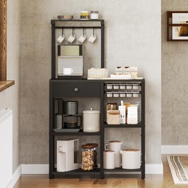 YATINEY Bakers Rack with Storage, 5-Tier Coffee Bar Station with Drawer, Kitchen Storage Rack with Pod Drawer Holder, for Dining Room, Living Room, Home Cafe, Rustic Brown KF60BR