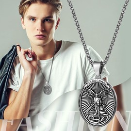 JewelryWe Men St Michael Necklace: Silver Oval Shield Saint Michael Archangel Guardian Pendant Catholic Medal Protection Amulet Gift