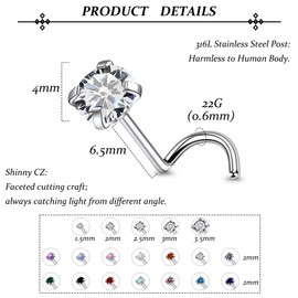 Vsnnsns 22G Nose Rings Studs for Women Corkscrew Nose Rings Studs Piercing Stainless Steel Opal Nose Rings Studs Diamond CZ 1.5mm 2mm 2.5mm 3mm Nostrial Piercing Jewerly for Women Men Silver 22 Gauge