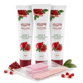 Sabrina Rudnik Hand & Nail Balm Pomegranate Set of 3 (3 x 45 ml) & Manicure Set by COSMEZIA Nourishing Hand Cream with Vitamin E & Pomegranate Extract, Moisture for Dry Hands & Nails