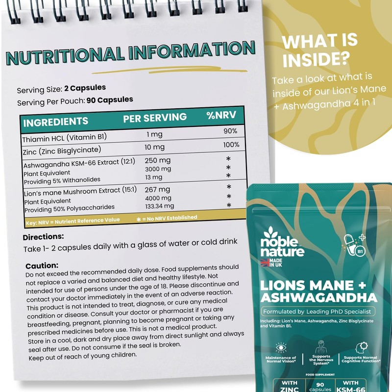 Noble Nature Lion’s Mane & Ashwagandha KSM-66 4-in-1 Adaptogen &