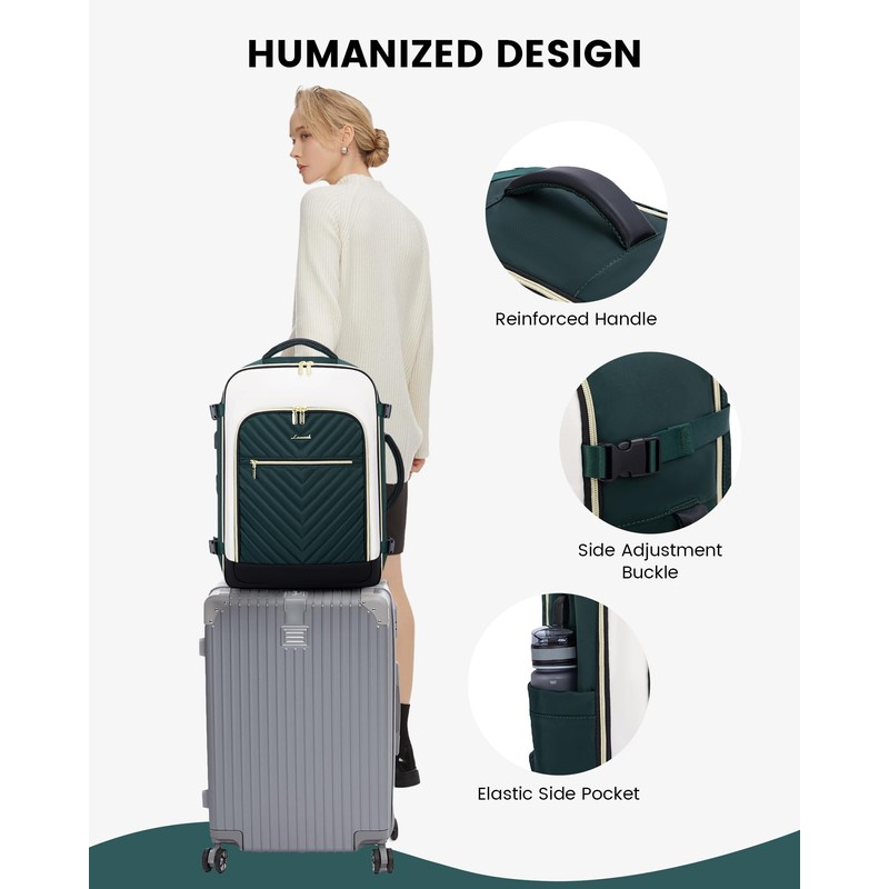 LOVEVOOK Women's Hand Luggage Backpack Large 40L, Dark green, white,