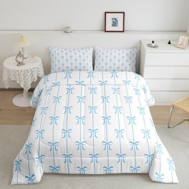 Feelyou Blue Bow Kids Bedding Set Full Size,Boys Girls Cute Coquette Bowknot Comforter Set,Bow Ribbon Ultra Soft Duvet Quilt,Butterfly Knot Princess Comforter Princess Style Bedroom Decor