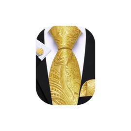 Barry.Wang Gold Tie for Men Paisley Silk Necktie Pocket Square Cufflinks Set Formal Wedding Party Business