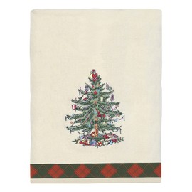 Spode Avanti Linens Bath Towel, Soft & Absorbent Cotton, Holiday Home Decor Christmas Tree Tartan Collection, Ivory