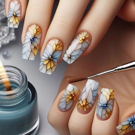 CJDLTS Flower Daisy Press on Nails Medium Ballet Shaped Floral Pattern Design Full Cover Glossy Blossom Acrylic False Nail Spring Artificial Fingernails Reusable Press Ons Stick on Nails for Women