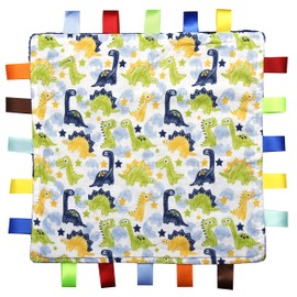 FOR THE LOVE OF LEISURE Blue Baby Tag, Taggy Blanket - Dinosaur Pattern Tag with Plain Blue Textured Underside