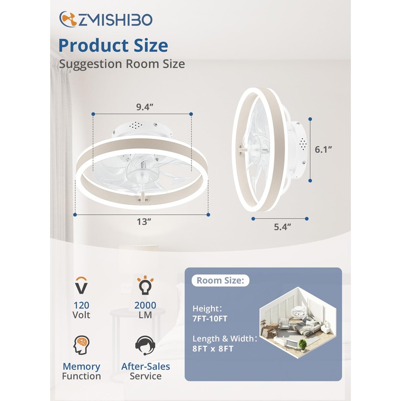 ZMISHIBO Low Profile Ceiling Fans with Lights and Remote, 13