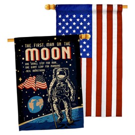 Breeze Decor First Men On Moon House Flag Pack Armed Forces NASA Space Program Discovery Sky Astronomy United State American US Applique Banner Small Garden Yard Gift Double-Sided, Made in USA