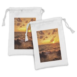 Lunarable Tropical Fabric Pouch Set of 2, Colorful Sunset in the Tropical Sea Thailand Beach Cloudy Summer Sky Scenery, Small Drawstring Bag for Toiletries Masks and Favors, 9" x 6", Orange Brown