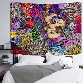 Boniboni Skull Tapestry Trippy Mushroom Tapestry Psychedelic Tapestry Aesthetic Tapestry Colorful Hippie Tapestry Wall Hanging for Room(59.1 x 59.1 inches)