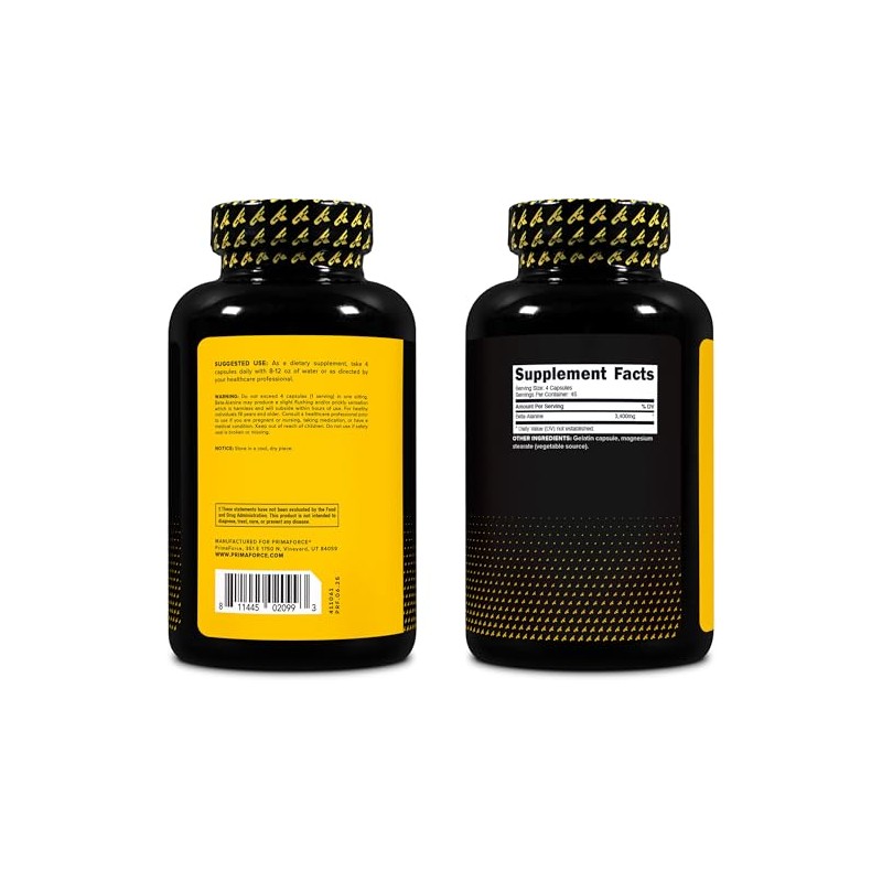 Primaforce Cápsulas de beta alanina 3,400 mg, 180 cápsulas (45