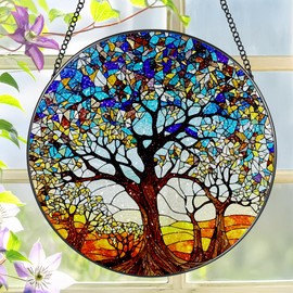 Stained Glass Window Hanging, LAOWEIKI 8'' Tree of Life Suncatcher, Stained Glass Ornament, Suncatchers for Windows Hanging, Window Decor, Outdoor or Indoor, Gifts for Women, Lovers, Couple, Friends