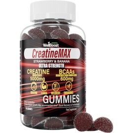 WellBoost Creatine MAX Gummies – Gomas Masticables Veganas Sin Azúcar con 5000mg de Creatina y 600mg de BCAA para Potenciar Fuerza y Recuperación (90 Unidades)