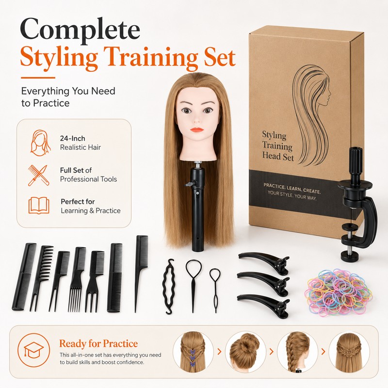 24-Inch Hairdressing Mannequin Head with Synthetic Fiber Hair – Styling,