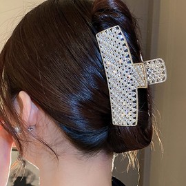 Jumwrit Large Pearl Hair Claw Clip Rhinestone Hair Jaw Clip Strong Hold Metal Hair Clamp Fashion Rectangle Hair Claw for Women Girls (Gold)