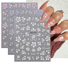 Flowers Nail Stickers - Hibiscus Flower Nail Decals 3D Self-Adhesive White Pink Purple Flower Star Pattern Summer Hibiscus Nail Design Manicure Tropical Nails Adhesive Sliders Sticker for Women Girls