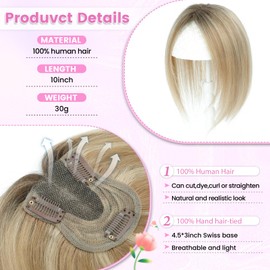 Hair Toppers for Women Fluffy Human Hair Topper 10inch Handmade Swiss Base Hairpieces 360° Cover Hairloss and Grey Hair (Honey Blonde with Dark Brown Root)