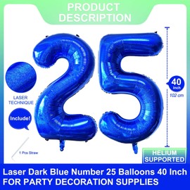 Blue 25 Number Balloons 40 Inch Giant Laser Navy Blue 25 Helium Balloons for 25th Boys Birthday Party Supplies 25th Anniversary Events Decorations