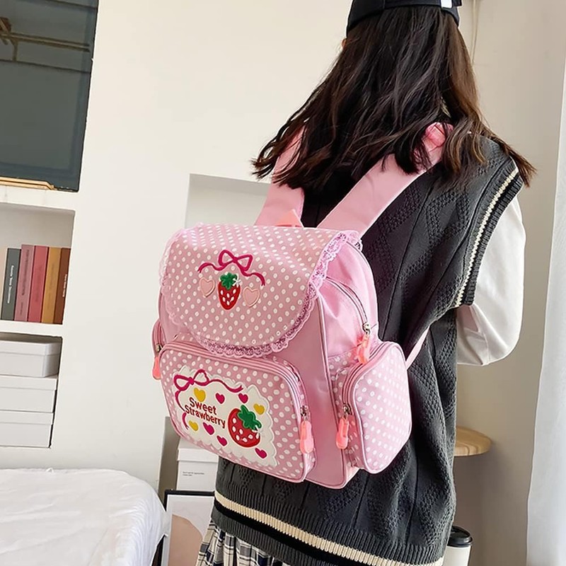 Sothuba Kawaii Strawberry Embroidery Backpack for Girls Teens Students School