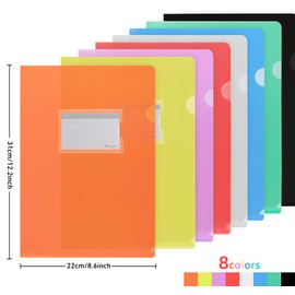 Agoer Pack of 16 A4 File Wallets Open Side A4 Colourful with Label Pocket 8 Colours Transparent Pockets A4 for Storage of Paper for Office School