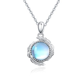 CUOKA MIRACLE Moonstone Necklace,925 Sterling Silver Feather Moonstone Necklace Synthetic Rainbow Moonstone Pendant Chain for Women Girlfriend Daughter