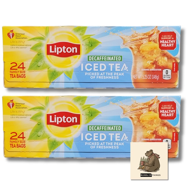 Decaffeinated Iced Tea + Magnet Bundle, Bundle with Lipton Family Size Tea Bags, 24 count boxes, Pack of 2 - Paired with a Bear Magnet By Bundled Things (48 Total Tea Bags)…