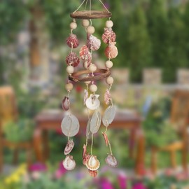 Relaxdays Windspiel mit Muscheln, maritimes Holz Klangspiel für Balkon, Garten, Strand-Deko, Capiz Mobile, 75 cm, natur