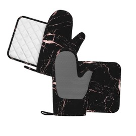 Oven Mitts and Pot Holders Rose Gold Marble Black Silicone Kitchen Accessories Set of 4 Heat Resistant Long Gloves Potholder Non-Slip Grip for Chef Cooking,Baking,Grilling,BBQ