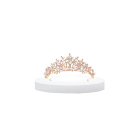 Meckerni - Tiara de vidrio rosa para niñas, diadema de corona de diamantes de imitación, accesorios para el cabello de novia, regalo de cumpleaños, graduación, Metal
