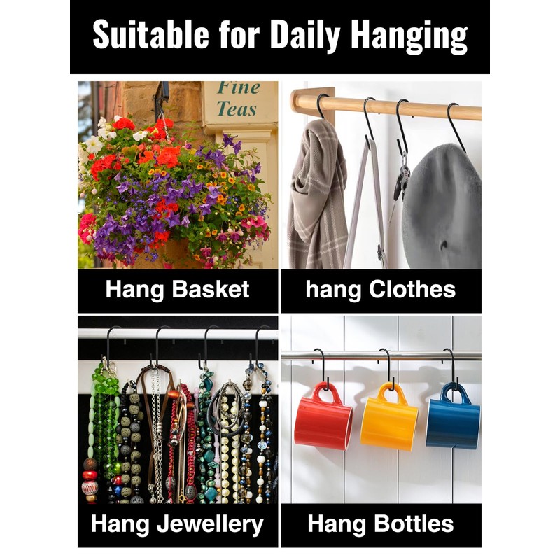 Sheryl&Rain Pack of 12 S Hooks, Black, Stainless Steel Hooks