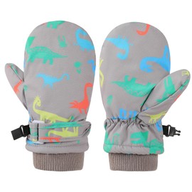 Huuflyty Winter Kids Waterproof Gloves for Boys Fleece Lined Warm Mittens for Baby Toddler Ski Toddler Baby Mittens (Grey-dinosaur, S (6-24months))