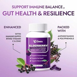 Elderberry - EIvera Gut Support Complex, 3-in-1 Gut Support Complex with Zinc & Vitamin C, Organic Black Elderberry Capsules for Immune Support & Dige