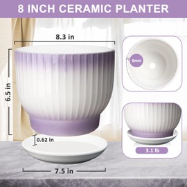 YUFDA 8 Inch Plant Pot, Ceramic Planter with Drainage and Saucer, Ceramic Pots for Plants, Indoor Plant pots,Ceramic Flower pots(Purple + White, Plants NOT Included)