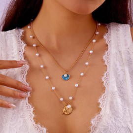 Atiptu Gold Seashell Necklaces for Women Layered Sea Shell Charm Necklaces Starfish Pendant Necklace Boho Layered Seashell Necklaces Surfer Beach Holiday Jewelry (Blue Seashell)