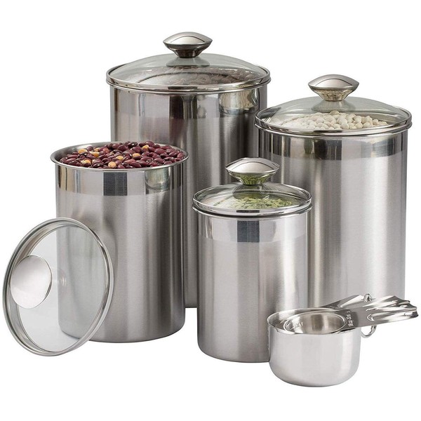 Beautiful Canisters Sets for the Kitchen Counter, 8-Piece Stainless Steel, Medium Sized with Glass Lids and Measuring Cups - SilverOnyx Tea Coffee Sugar Flour Canisters - 8pc Glass Lids