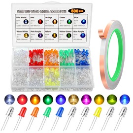 ElectricWise 10 Colors 500 Pcs 5mm LED Light Emitting Diode Assorted Kit with 20M Self Adhesive Conductive Copper Foil Tape, Clear LED Light Emitting Diode Bulb LED Lamp for Science Project Experiment