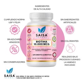 Biotina 10,000 Mcg con Ácido Hialurónico y Colágeno | + Citrato de Magnesio | Saisa Herbal | 100 Cápsulas | Suplemento Alimenticio | Cabello, Piel, Uñ