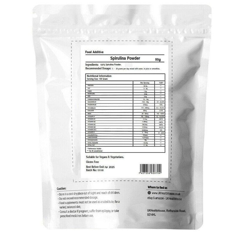 50g UKHealthHouse Pure Premium Spirulina Powder - 62.3% Protein -