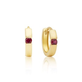 MAX + STONE 14k Yellow Gold Round Created Red Ruby Small Huggie Hoop Earrings for Women with Channel Set and 2.5mm July Birthstone