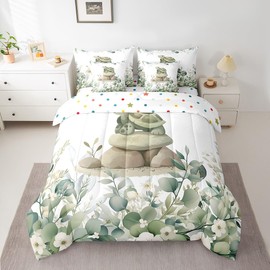 Erosebridal 7-Piece Kawaii Turtle Bedding Twin for Boys Girls Cartoon Animal Comforter Set, Eucalyptus Leaves Bedding Comforter Sets Jungle Wildlife Bed in a Bag, Botanical Bedding Accessories